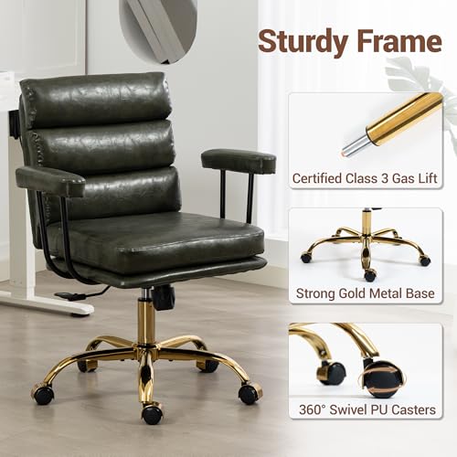 Leather Office Chair with Wheels,Ergonomic Swivel Rolling Task Chair,Padded Seat and Armrests,Adjustable Height Home Desk Chair,Executive Computer Chair, Gold Base Makeup Vanity Chair,Green - color: Green