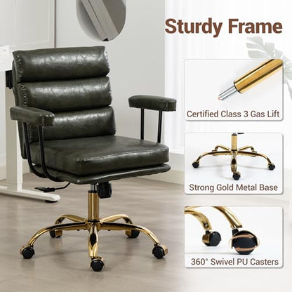 Leather Office Chair with Wheels,Ergonomic Swivel Rolling Task Chair,Padded Seat and Armrests,Adjustable Height Home Desk Chair,Executive Computer Chair, Gold Base Makeup Vanity Chair,Green - color: Green