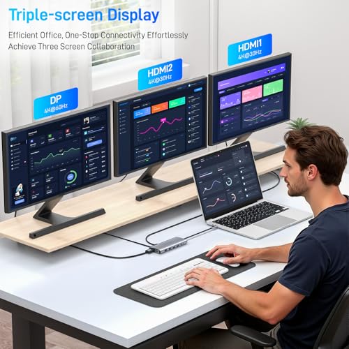 USB C Docking Station 14 in 1 with 2 HDMI 4K + DP 8K 3 Monitors Triple Display for Laptop,/MacBook Pro/Air/HP/DELL/Lenovo, USB C Hub Dongle Dock with USB 3.0, RJ45,100W PD, SD/TF, Audio/Mic