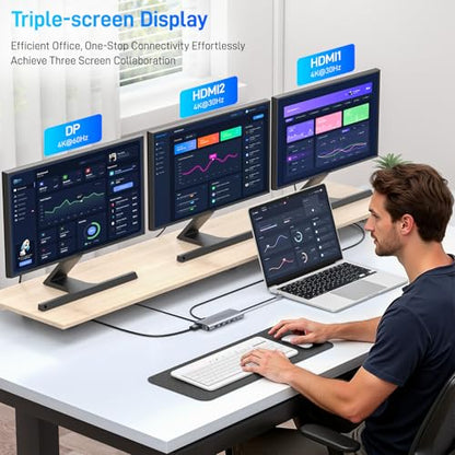USB C Docking Station 14 in 1 with 2 HDMI 4K + DP 8K 3 Monitors Triple Display for Laptop,/MacBook Pro/Air/HP/DELL/Lenovo, USB C Hub Dongle Dock with USB 3.0, RJ45,100W PD, SD/TF, Audio/Mic