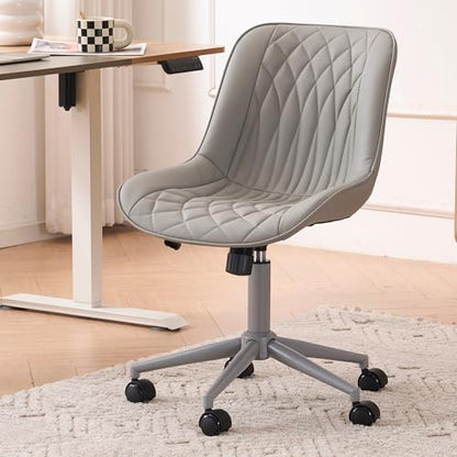 YOUNIKE Faux Leather Office Desk Chair Comfy Vanity Chair Armless Grey | Ergonomic Upholstered Rocking Back, Swivel with Wheels, Height Adjustable, Modern Task Chair For Computer Sewing Drafting - color: All Grey