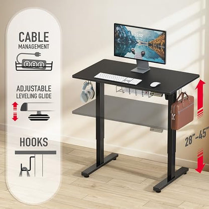 SHW 40 x 22 Electric Height Adjustable Sit to Stand Desk, Black | with Hanging Hooks and Cable Management, Black Frame and Black Top - color: Black, size: 40-Inch
