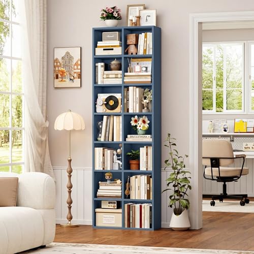 FOTOSOK Bookshelf Bookcase 7-Tier Narrow Bookshelf Tall CD Media Tower Rack - color: Blue