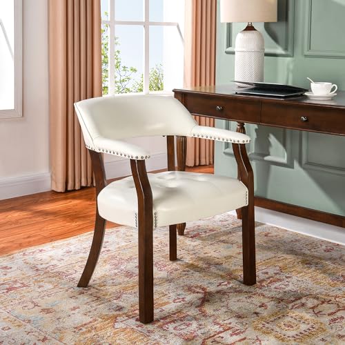 LEEMTORIG Faux Leather Dining Chair with Arms, Solid Wood Dining Chair with Supportive Back, Game Poker Table Chairs, Boss Caption's Chairs Office Desk Chairs, Cherry Walnut Legs & Ivory PU NX173C - color: Cherry Walnut Legs & Ivory Pu, size: Set of 1