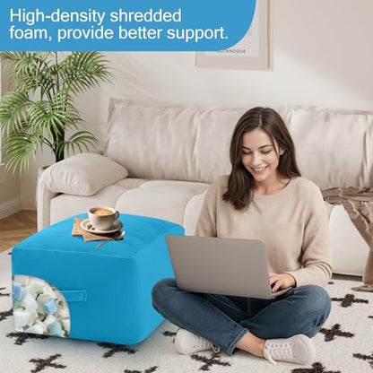 MeMoreCool Square Stuffed Pouf Ottoman Foot Rest, Floor Pouf Foot Stool with Foam Chunk Filling, Soft Stuffed Ottoman Footrest for Living Room, Blue - color: Striped Blue