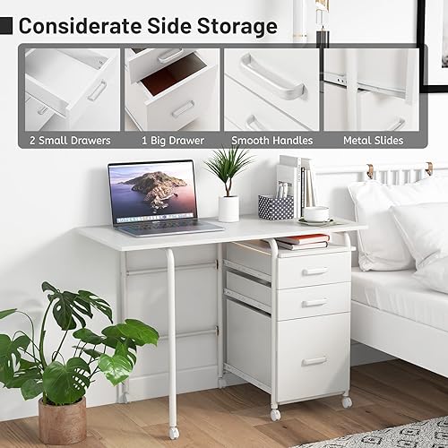 Giantex White Folding Desk for Small Space, Rolling Home Office Desk with 3 Drawers & Lockable Universal Wheels, Mobile Study Writing Desk for Dorm Apartment Bedroom - color: White