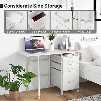Giantex White Folding Desk for Small Space, Rolling Home Office Desk with 3 Drawers & Lockable Universal Wheels, Mobile Study Writing Desk for Dorm Apartment Bedroom - color: White