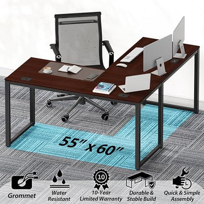 SHW 55 x 60 Commercial-Grade L-Shape Corner Office Computer Desk, Cherry | 10-Year Limited Warranty - color: Cherry