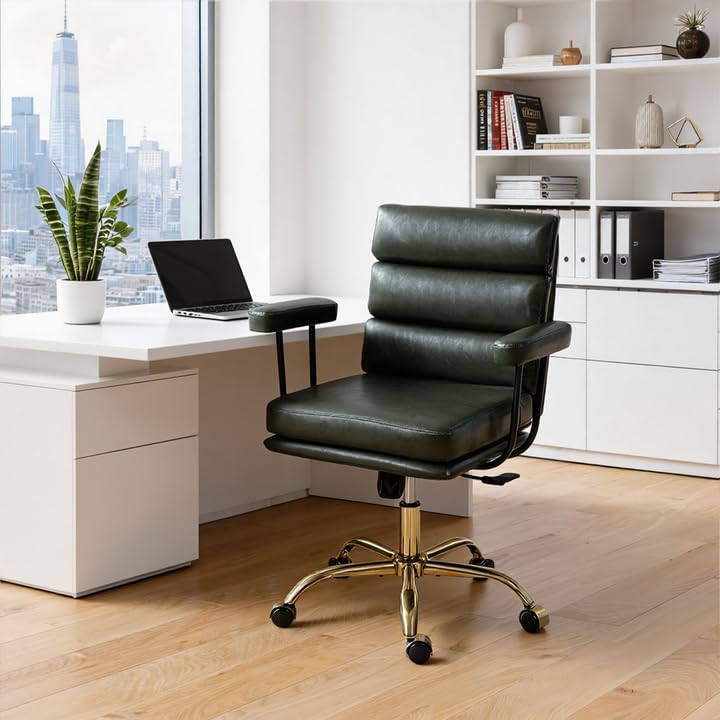 Leather Office Chair with Wheels,Ergonomic Swivel Rolling Task Chair,Padded Seat and Armrests,Adjustable Height Home Desk Chair,Executive Computer Chair, Gold Base Makeup Vanity Chair,Green - color: Green