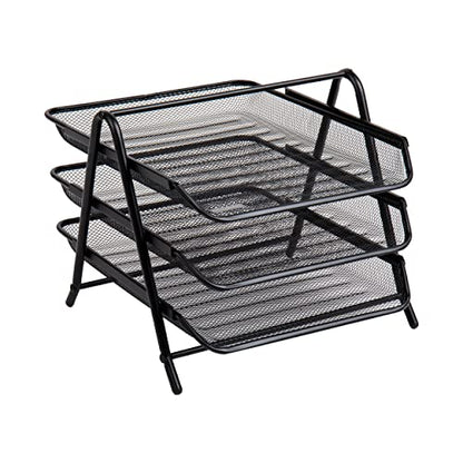 Mind Reader 3-Tier Paper Tray, Desktop Organizer, File Storage, Workspace, Office, Metal Mesh, 11.75"L x 13.75"W x 10"H, Black - color: Black
