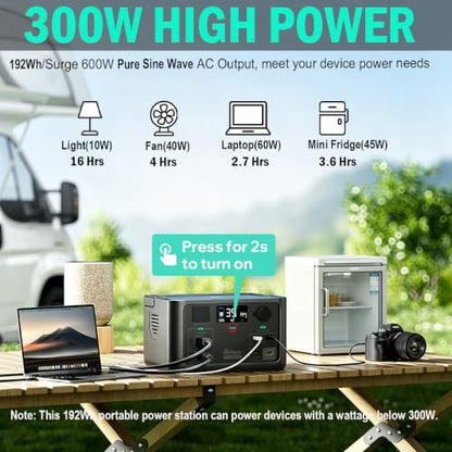 Portable Power Station 300W, 600W Peak Solar Generator 192Wh | 1Hr Fast Charge, LiFePO4 Battery, 10ms UPS, 120V AC Outlet Solar Power Bank for Camping Emergency Travel Home Blackout - color: Black