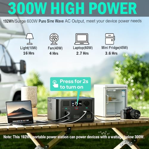 Portable Power Station 300W, 600W Peak Solar Generator 192Wh | 1Hr Fast Charge, LiFePO4 Battery, 10ms UPS, 120V AC Outlet Solar Power Bank for Camping Emergency Travel Home Blackout - color: Black