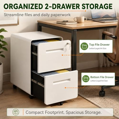 SAWJEC 2 Drawer File Cabinet with Lock, Fully Assembled, White - color: 04w-white