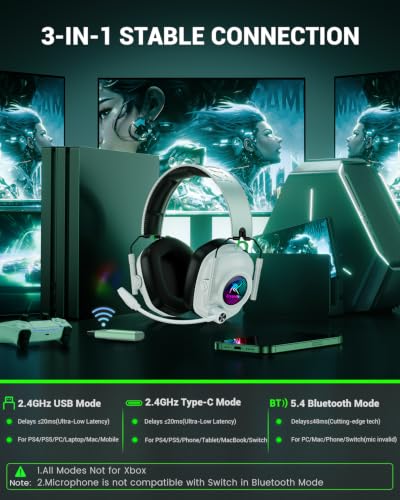 Wireless Gaming Headset with Mic for PS5, PS4 & PC, 7.1 Surround Sound - color: White