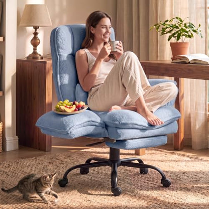 Wider Seat Office Chair with Flip Armrests for Criss Cross Legged&Cats, Big and Tall Executive Ergonomic Reclining Chair with Footrest&Lumbar Pillow, Teddy Fleece Desk Chair,Blue Vanity Chair - color: Blue