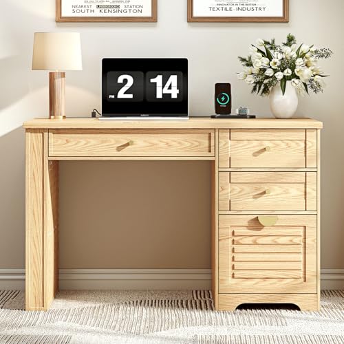 Ieejdn 47" Home Office Desks, Executive Desk, Farmhouse Computer Desk with Drawers and Charging Station, File Drawer, Storage Cabinet, Rustic Computer Writing Desk,Antique Natural - color: Natural, size: 47.24"