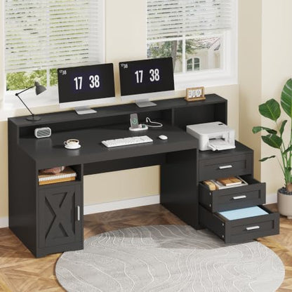 65" Farmhouse Computer Desk with Drawers and Printer Stand for Home Office - color: Black