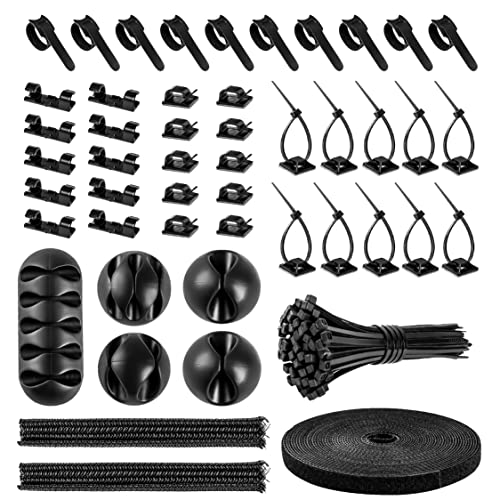 Cable Management Organizer Kit 2 Cable Sleeve Split with 41Self Adhesive Cable Clips Holder, 10pcs and 2 Roll Self Adhesive tie and 100 Fastening Cable Ties for TV Office Home Electronics etc