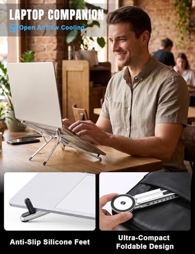 4-in-1 Foldable Laptop Stand & Magnetic Phone Holder, Silver Aerospace Aluminum Portable Desk Mount with N52 MagSafe Compatible Tripod Handle for MacBook Pro, iPad, Travel & Vlogging - color: Silver