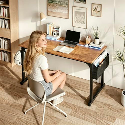 DurayLoly 48" Computer Desk with Waterproof LED Lights for Bedroom,Brown - color: Rustic Brown, size: 48 IN
