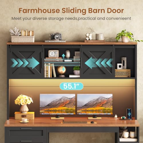 SEDETA 55.1" Farmhouse Desk with Hutch & 3 Storage Drawers - color: Black and Brown, size: Desk with Hutch (55")