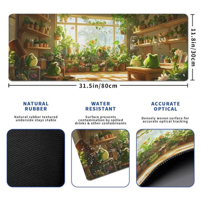Cute Frogs Green Mouse Pad Abstract Green Mouse Pad 31.5x11.8 Inch Frog Texture Non-Slip Rubber Base Large Mousepad Stitched Edges Keyboard Mouse Mat Desk Pad for Office and Home - color: Cute Frogs Green