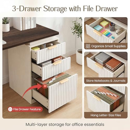 NORTHSKY 61" L Shaped Desk with Arched Hutch, White Corner Computer Desk with Power Outlets, 3 Drawers, File Cabinet and Sliding Door Storage for Home Office