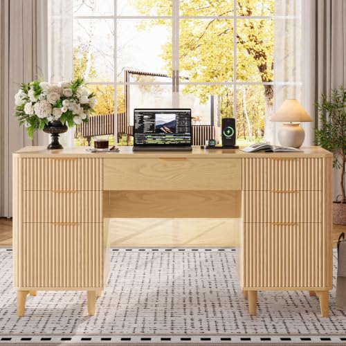 55.1" Fluted Executive Desk with Drawers, Wood Computer Desk with Storage Cabinet, Home Office Desk with Charging Station, Farmhouse Desk with File Cabinet for Office Home (Nature) - color: Nature With 4 Legs