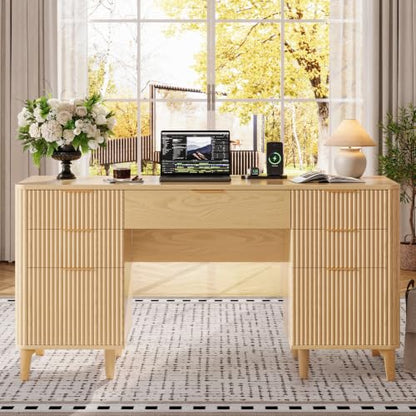 55.1" Fluted Executive Desk with Drawers, Wood Computer Desk with Storage Cabinet, Home Office Desk with Charging Station, Farmhouse Desk with File Cabinet for Office Home (Nature) - color: Nature With 4 Legs