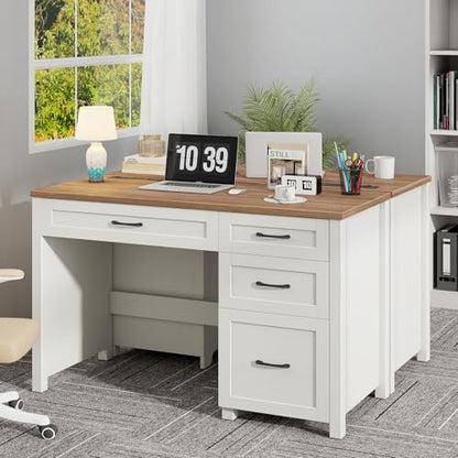 Farmhouse 47" Executive Desk, Computer Desk with File Drawer, Off White - color: Off White, size: Right Mounted