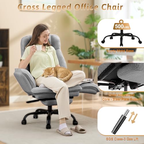 Wider Seat Office Chair with Flip Armrests for Criss Cross Legged&Cats, Big and Tall Executive Ergonomic Reclining Chair with Footrest&Lumbar Pillow, Teddy Fleece Desk Chair,Grey Vanity Chair - color: Grey