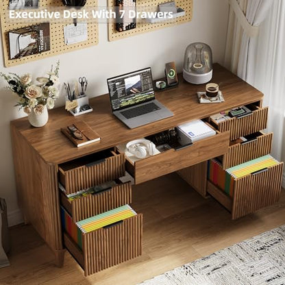 55.1" Fluted Executive Desk with Drawers, Wood Computer Desk with Storage Cabinet, Home Office Desk with Charging Station, Farmhouse Desk with File Cabinet for Office Home (Walnut) - color: Walnut With 4 Legs