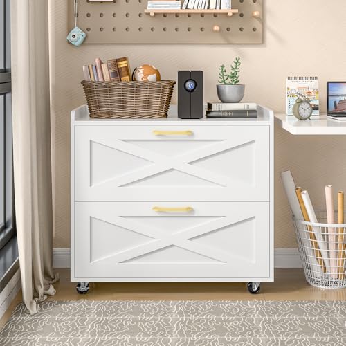2 Drawer Lateral File Cabinet, Mobile Filing Cabinet with Charging Station for Letter/Legal/A4 Size Hanging Files, Modern Farmhouse File Storage Cabinet with Wheels for Home Office, Simple White - color: Simple White
