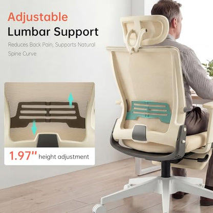 Ergonomic Foldable Office Chair with Footrest and Lumbar Support, Cream - color: Cream