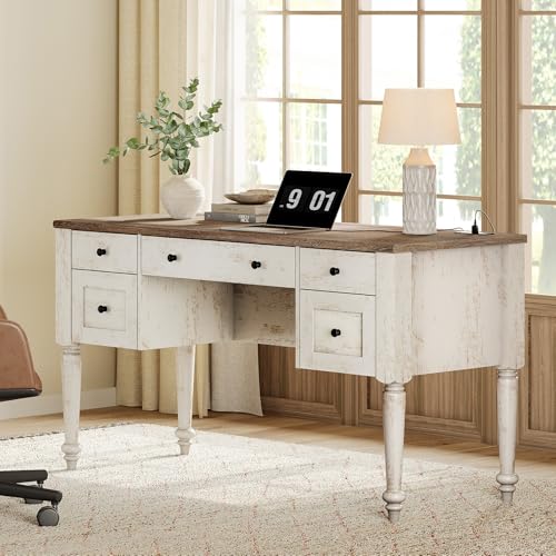 WAMPAT Vintage Writing Desk with Drawer & Cabinet, Farmhouse Executive Desk | Home Office Desk with Charging Station, Solid Wood Legs, Open Shelf, Power Outlet & USB Type-C Port, 56 Inch, Antique White - color: Antique White