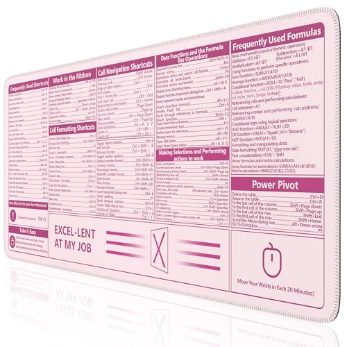 iCasso Excel Cheat Sheet Desk Pad, Pink Excel Shortcuts | Excel Mouse Pad Shortcuts, Excel Shortcuts Cheat Sheet Keyboard Mat, Extended Large XXL Non-Slip mousepad with Stitched Edges - color: Pink Excel Shortcuts