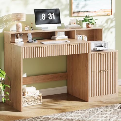Vabches Fluted Computer Desk with Drawers, Home Office Desk with Power Outlets, Printer Stand and Storage Cabinet, Study Writing Desks with Long Monitor Stand, Oak - color: Oak