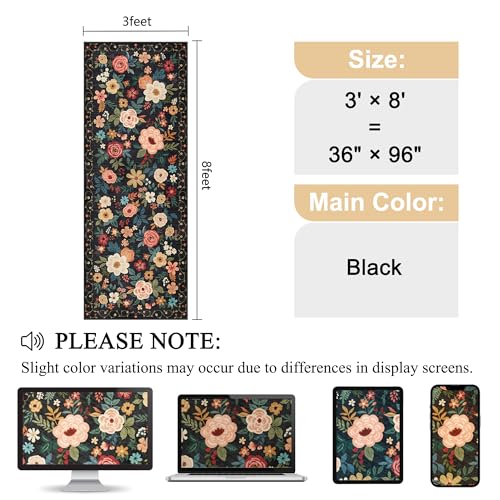 DUKINO 3x8 Kitchen Runner Rug, Washable Rug for Hallway Non Slip, Black | Soft, Low Pile, Floral Indoor Carpet Runner for Hallway, Entryway, Bedroom, Bathroom, Laundry, Pet Friendly, Home Decor - color: Black, size: 3' x 8' (Rectangular)