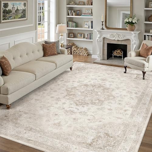 PureCozy Beige 7x10 Washable Area Rug Vintage Oriental Medallion Carpet | Soft Low Pile, Non Slip, Stain Resistant, Large, Neutral Retro Decor for Living Room, Bedroom, Dining Room, Kids Room - color: Beige, size: 7' x 10' (Rectangular)