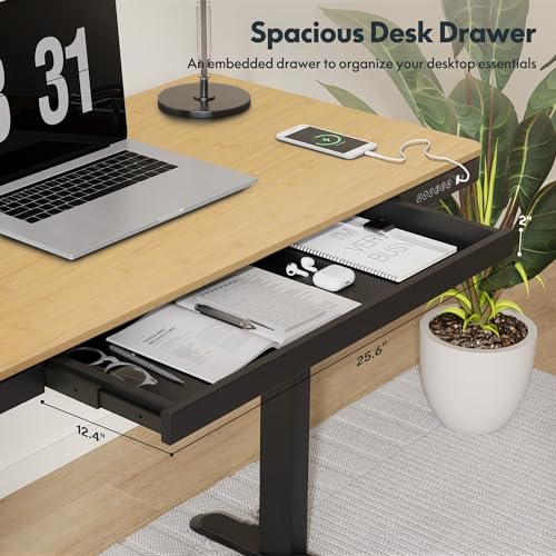 FLEXISPOT Comhar 48" Electric Standing Desk with Drawers, USB Charging Ports, Quick Assembly, Height Adjustable Sit Stand Desk with Child Lock for Natural Home Office, Bamboo Finish Top/Black Legs - size: 48"Bamboo Texture/Black