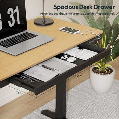 FLEXISPOT Comhar 48" Electric Standing Desk with Drawers, USB Charging Ports, Quick Assembly, Height Adjustable Sit Stand Desk with Child Lock for Natural Home Office, Bamboo Finish Top/Black Legs - size: 48"Bamboo Texture/Black