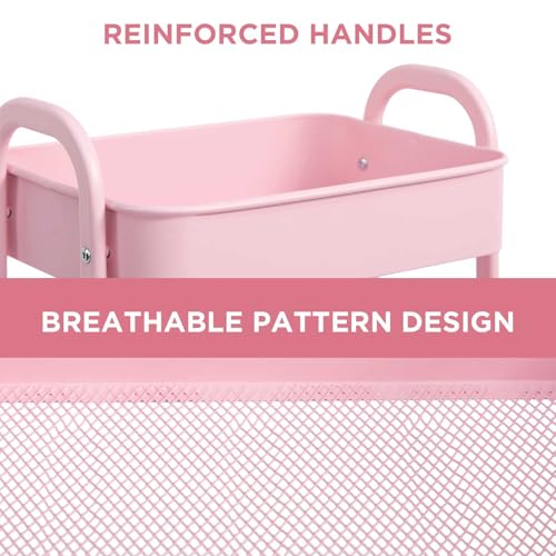 AGTEK 3 Tier Utility Rolling Cart with Lockable Wheels, Metal Multifunctional Storage, Organizer Cart for Kitchen, Office, Living Room, Makeup, Craft, Art Studio, Pink - color: Pink