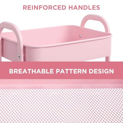 AGTEK 3 Tier Utility Rolling Cart with Lockable Wheels, Metal Multifunctional Storage, Organizer Cart for Kitchen, Office, Living Room, Makeup, Craft, Art Studio, Pink - color: Pink