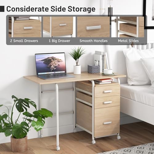 GIANTEX Folding Desk for Small Space, Rolling Home Office Desk with 3 Drawers & Lockable Universal Wheels, Mobile Study Writing Desk for Dorm Apartment Bedroom (Natural) - color: Natural