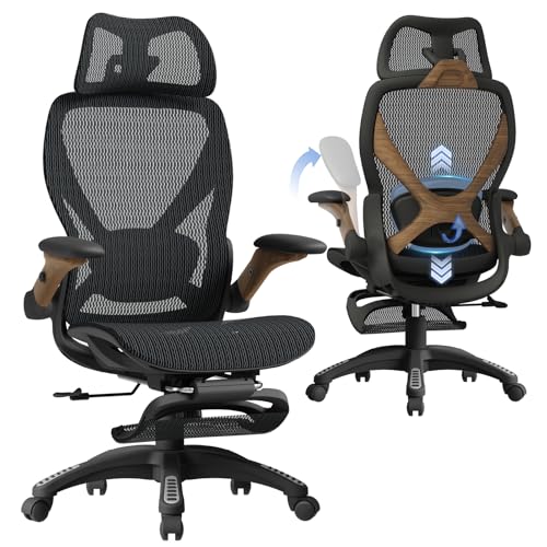 ELABEST X100 Ergonomic Mesh Office Chair with Footrest, Big and Tall Home Desk Chair with 5D Flip-Up Arms, Adjustable 3D Lumbar Support, Gaming & Executive Computer Chair (Library Oak) - color: Library Oak