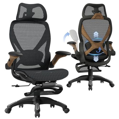 ELABEST X100 Ergonomic Mesh Office Chair with Footrest, Big and Tall Home Desk Chair with 5D Flip-Up Arms, Adjustable 3D Lumbar Support, Gaming & Executive Computer Chair (Library Oak) - color: Library Oak