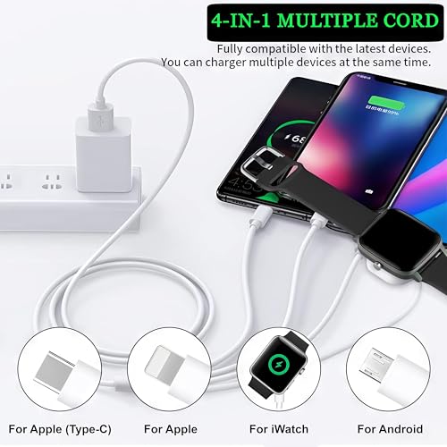 TOP-UP 4 in 1 Watch & Phone Charger Cable – Travel Essentials Multi Charging Cable for Apple Watch, iPhone, USB-C & Micro, Multi Device Charger Cord, 4FT