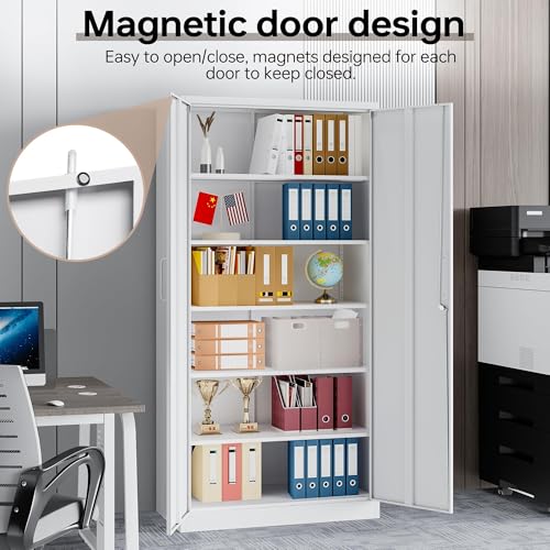 71"H Metal Storage Cabinet with Lock, White Garage Cabinets with 2 Doors and 5 Adjustable Shelves, Steel Locking Caninets Tall Tool Utility Caninet, Lockable File Cabnet for Home Office, Pantry