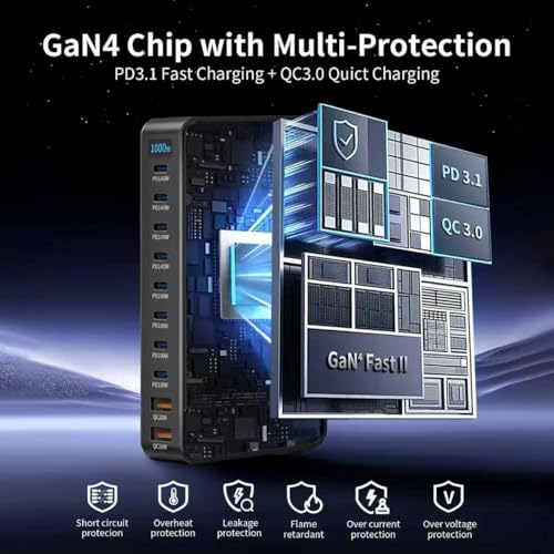 Famous Tech Shop 1000W GaN 10-Port USB-C Charging Station with 240W Cable, Fast Desktop Charger for Laptops, Tablets, Phones, Gaming Consoles