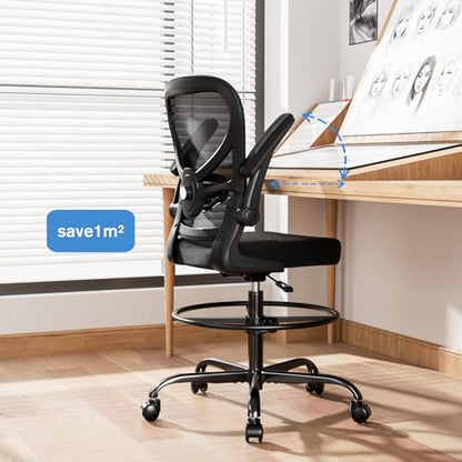 Alolo Drafting Office Chair with Foot Rest,Ergonomic Chair with Footrest for Standing Desk,Adjustable Mesh Lumbar Support Chairs with Flip-up Armrest and Heavy Duty Rolling(Black)